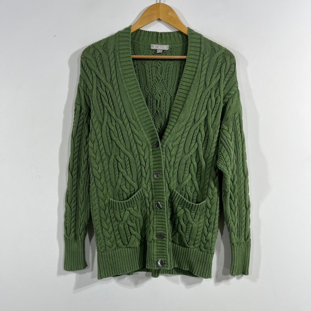 J.Crew Fisherman Heritage Green Cable Knit Button Front Cardigan Sweater Size M
